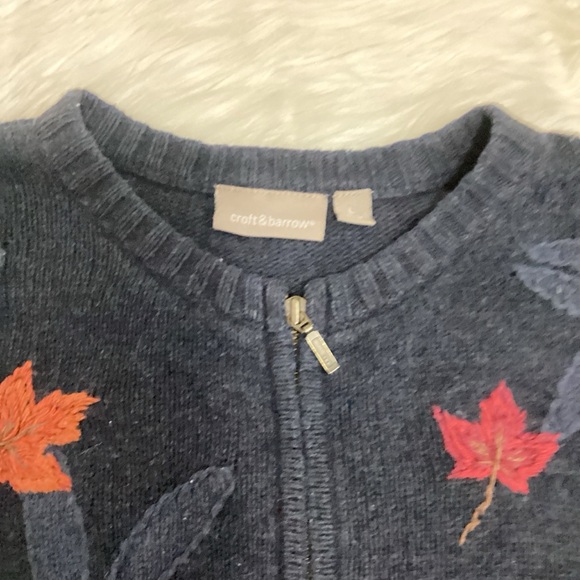 Croft & Barrow Women’s Navy Blue Leaves Full Zip Cardigan Wool Knit Sweater - Picture 4 of 5